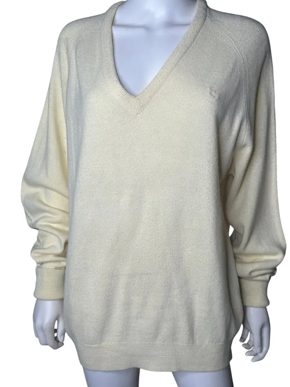 Vintage Christian Dior V-Neck Sweater | Cream Off-White Orlon Acrylic Knit xl